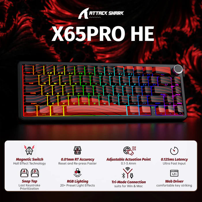 ATTACK SHARK X65 PRO HE Wireless Rapid Trigger Keyboard Magnetic Switch - Black & Red Contour