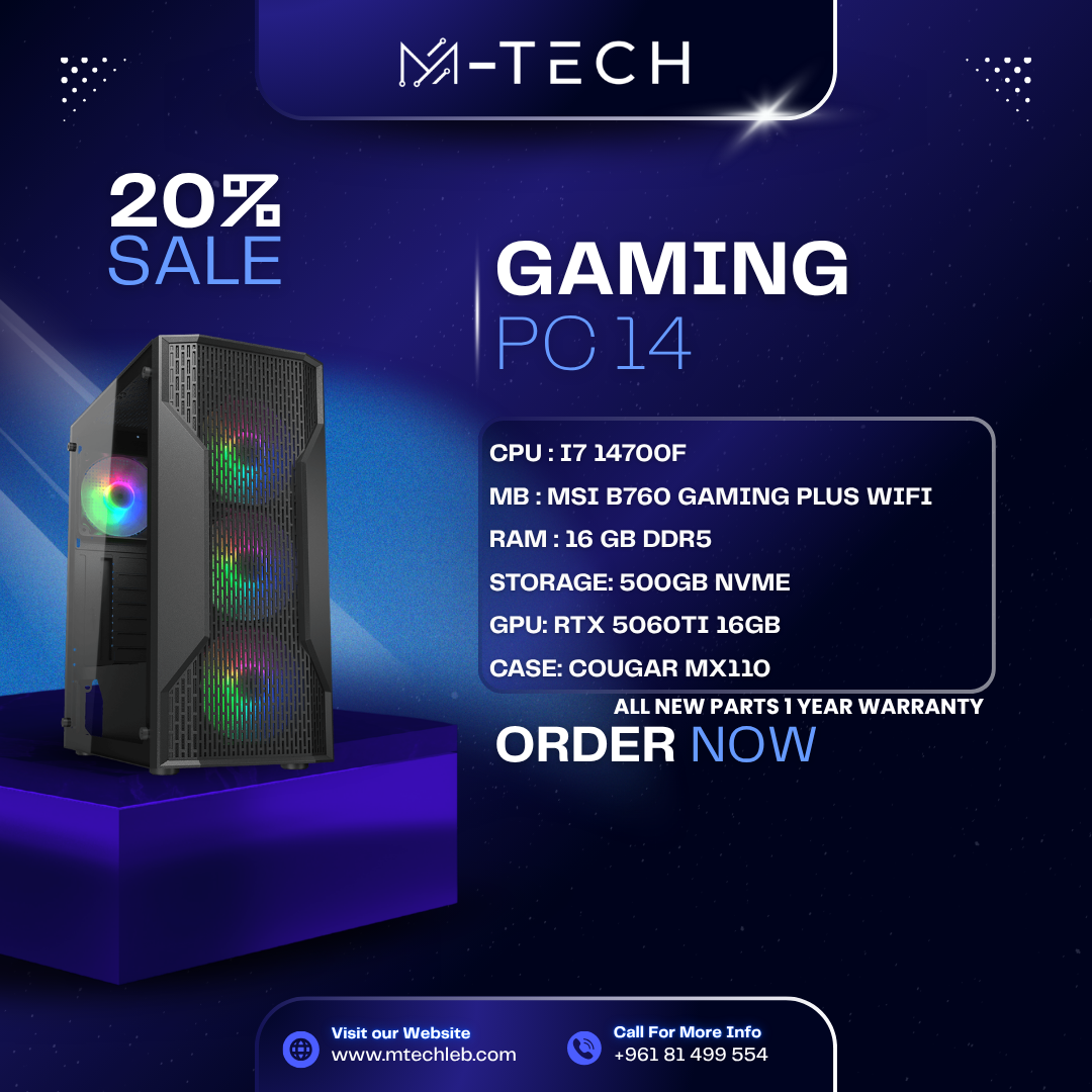 PC Offer 14 - Intel Core i7-14700F | RTX 5060 Ti 16GB | 16GB DDR5 | 500GB NVMe SSD