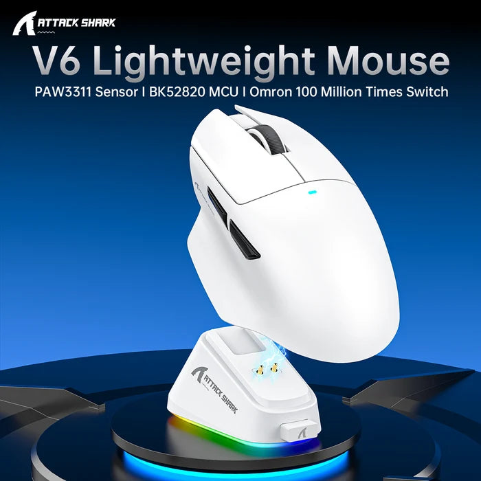 ATTACK SHARK V6 Ultra-Light Tri-Mode Gaming Mouse - White