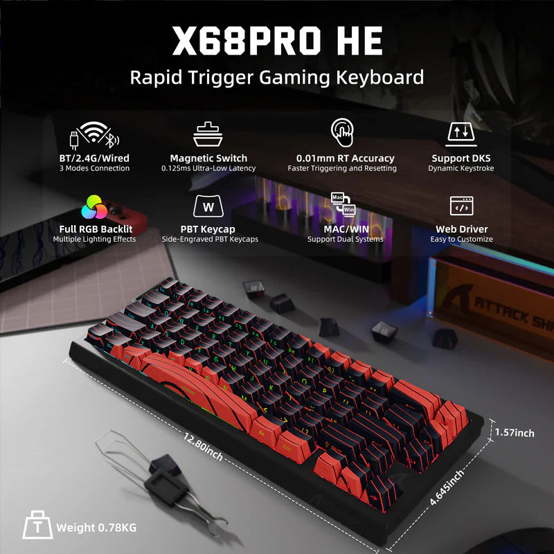Attack Shark X68 Pro HE Mechanical Keyboard – 68 Keys, Magnetic Switches, Tri-Mode, Rapid Trigger 0.01mm, 8K Polling, Hot-Swap, RGB Backlight, 5000mAh |Black & Red Contour