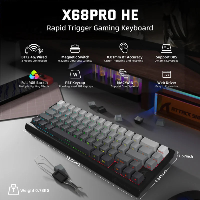 Attack Shark X68 Pro HE Mechanical Keyboard – 68 Keys, Magnetic Switches, Tri-Mode, Rapid Trigger 0.01mm, 8K Polling, Hot-Swap, RGB Backlight, 5000mAh |Moon Night