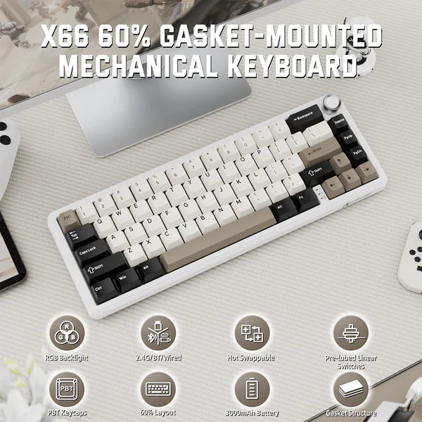 ATTACK SHARK X66 Wireless Mechanical Keyboard with Side Printed PBT Keycaps| CHEESEWHITE