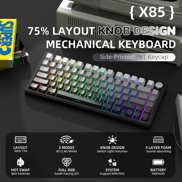 Mechanical keyboard with RGB lighting on a dark background, featuring text about its specifications.