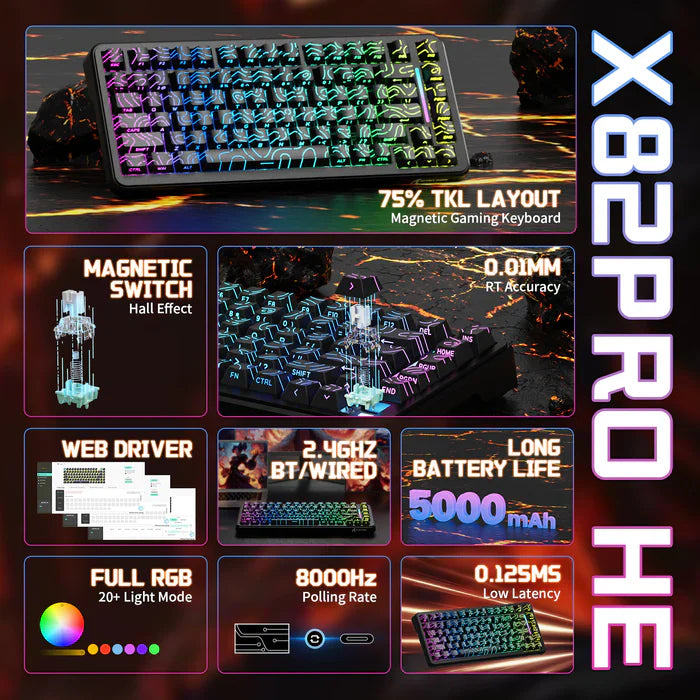 ATTACK SHARK X82 PRO HE MAGNETIC TRI MODE RGB MECHANICAL kb - black contour