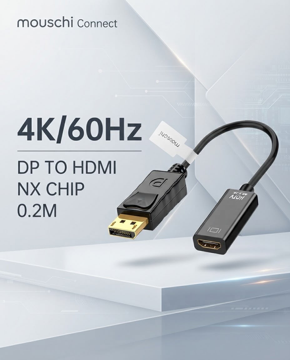 Mouschi Display Port To HDMI 4K 60Hz Cable 0.2M