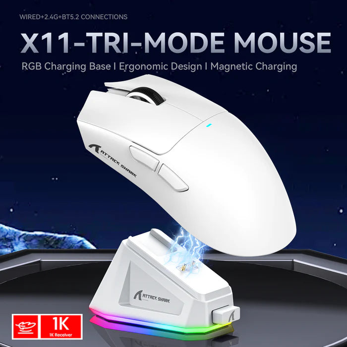 ATTACK SHARK X11 Wireless Gaming Mouse with Charging Dock - White