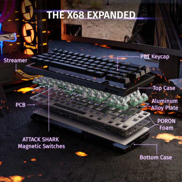 Attack Shark X68 HE Mechanical Keyboard – 66 Keys, Wired RGB, 8KHz Magnetic Switches, Rapid Trigger, Adjustable Actuation, RT/MT/DKS | BLACK