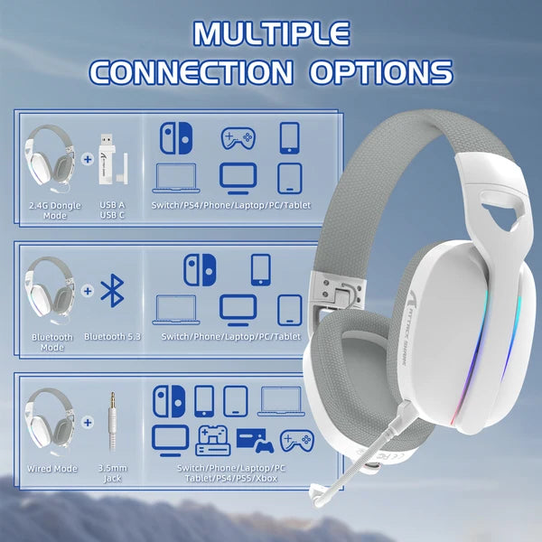 ATTACK SHARK L90 Foldable RGB Ultra-Light Tri-Mode Gaming Headset - WHITE