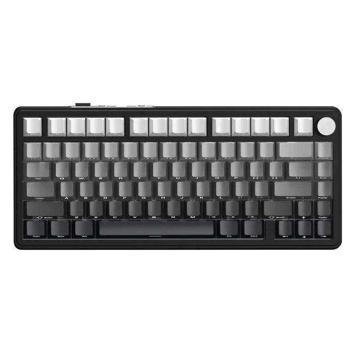 Mechanical keyboard with a black frame and white keycaps on a white background