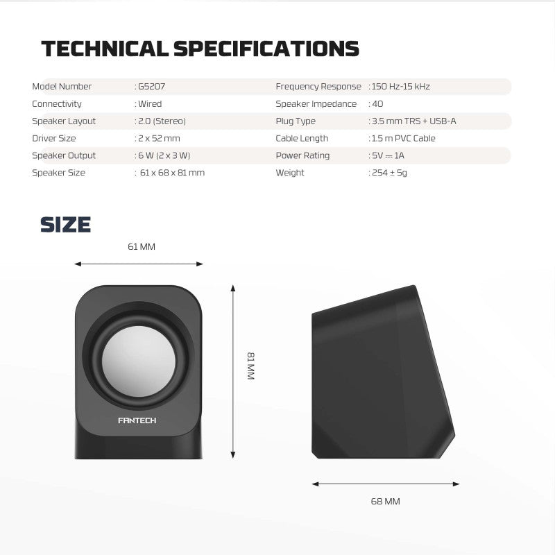 FANTECH CUBO GS207 Wired Stereo Speakers, 6W Output, Dual 52mm Drivers, USB + 3.5mm AUX - white