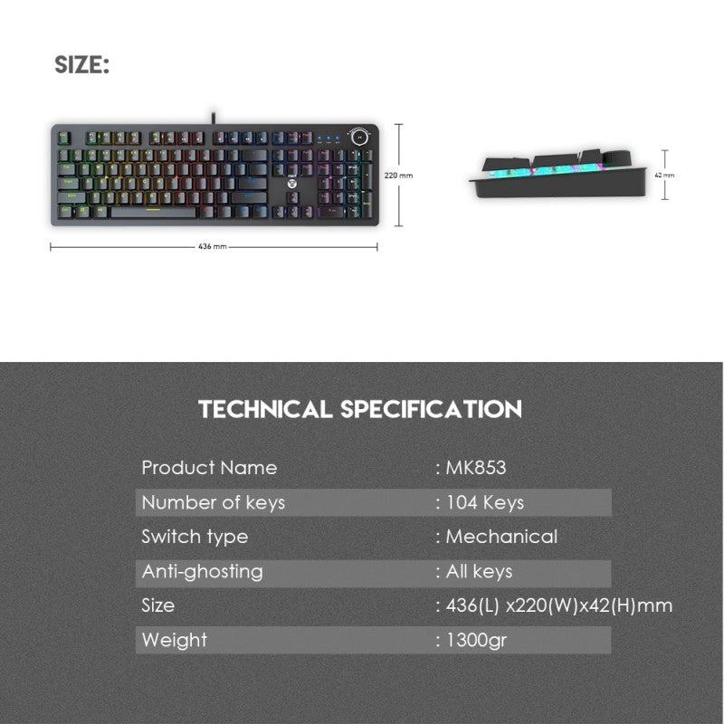 Fantech MK853 MAXPOWER, Pro Wired Mechanical Keyboard with RGB Lighting & Comfortable with wrist rest - WHITE