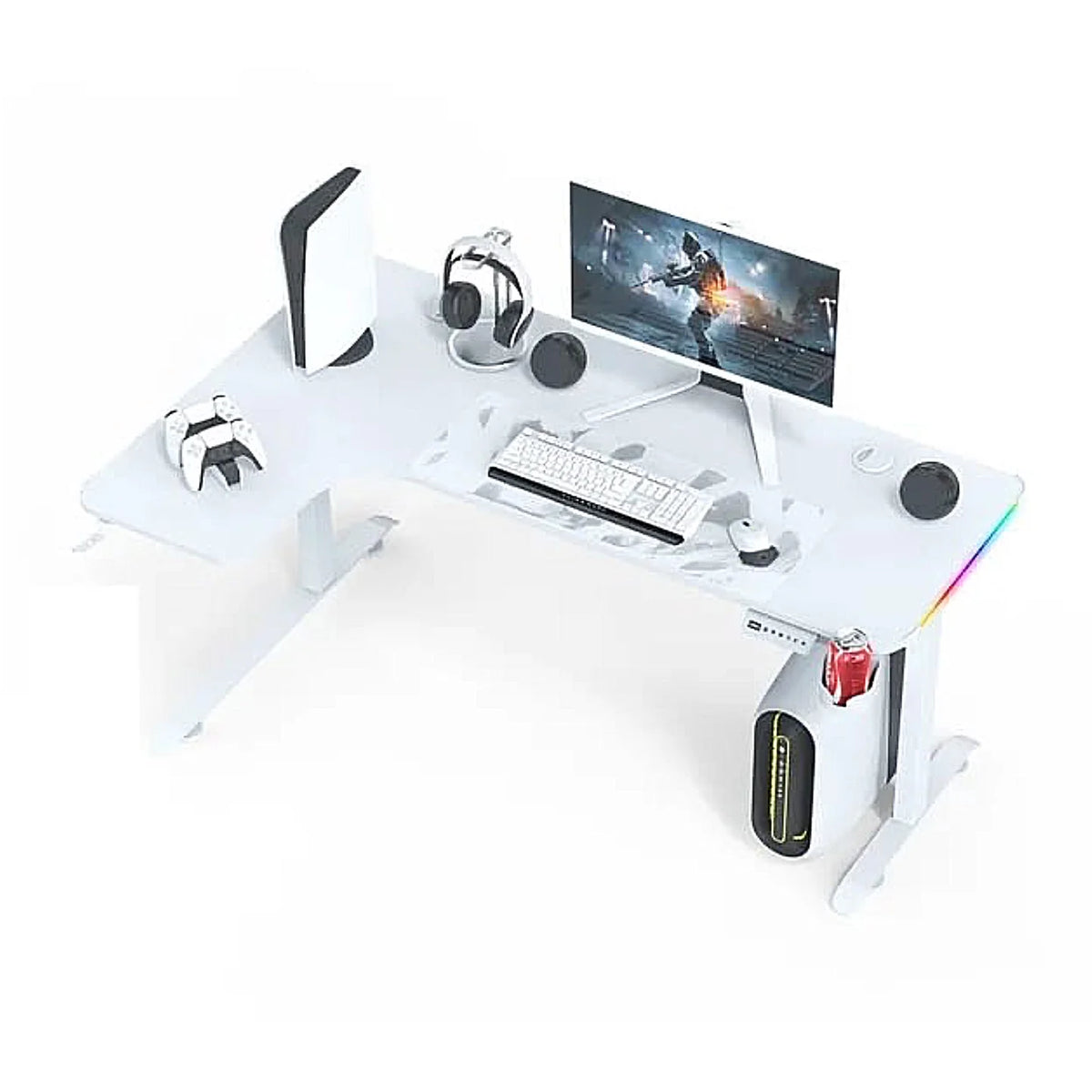 L-Shaped RGB Gaming Desk with Cup & Headset Holder 160CM ADJUSTABLE HIGHT - White