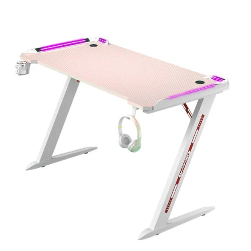 Meetion Z8 RGB Gaming Desk with LED Lights, Headset Holder & Cup Holder-Pink and White