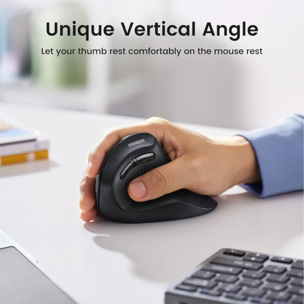 UGREEN Vertical Mouse Wireless (Bluetooth 5.0+2.4G) Ergonomic Mouse with 5 Buttons, 1000/1600/2000/4000 DPI, Prevention of Mouse Arm, Vertical Mouse Compatible with PC/Laptop/Tablet, Black|MU008-25444