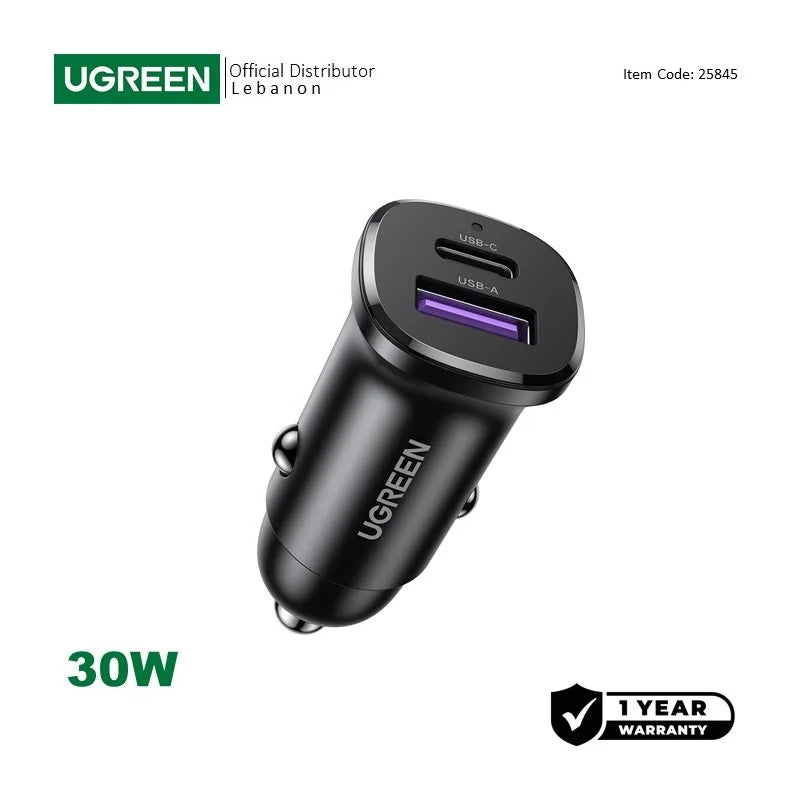 UGREEN 30W Dual Port Fast Car Charger, for Phones, Tablets & Ipads - EC305 25845