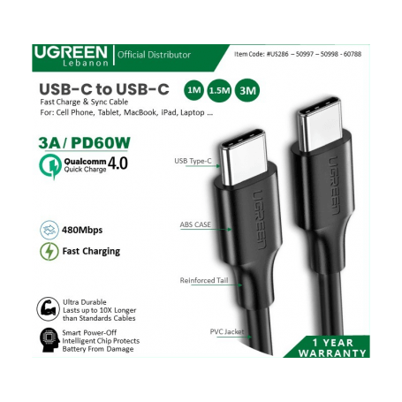 Ugreen Cable Usb-C To Usb-C Pd60W Fast Charge & Data 1.5M - US286 - 50998