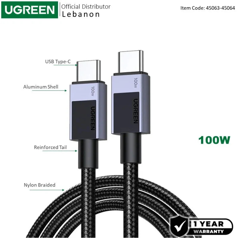 UGREEN USB-C to USB-C 100W Braided Cable & Aluminum Body, Available in 1M, 2M, 3M - L512 45063