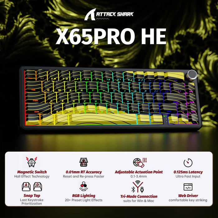 ATTACK SHARK X65PRO HE Wireless Rapid Trigger Keyboard Magnetic Switch - Black Yellow Contour