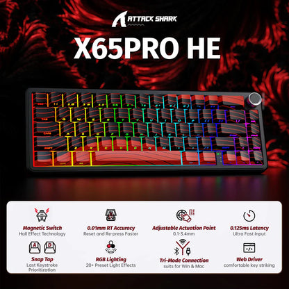 ATTACK SHARK X65 PRO HE Wireless Rapid Trigger Keyboard Magnetic Switch - Black & Red Contour