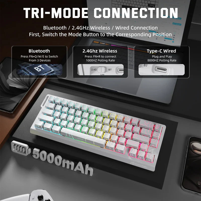 Attack Shark X68 Pro HE Mechanical Keyboard – 68 Keys, Magnetic Switches, Tri-Mode, Rapid Trigger 0.01mm, 8K Polling, Hot-Swap, RGB Backlight, 5000mAh| White