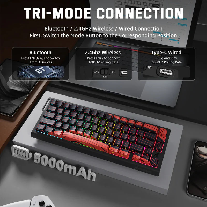 Attack Shark X68 Pro HE Mechanical Keyboard – 68 Keys, Magnetic Switches, Tri-Mode, Rapid Trigger 0.01mm, 8K Polling, Hot-Swap, RGB Backlight, 5000mAh |Black & Red Contour