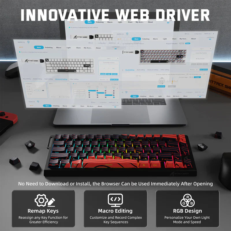 Attack Shark X68 Pro HE Mechanical Keyboard – 68 Keys, Magnetic Switches, Tri-Mode, Rapid Trigger 0.01mm, 8K Polling, Hot-Swap, RGB Backlight, 5000mAh |Black & Red Contour