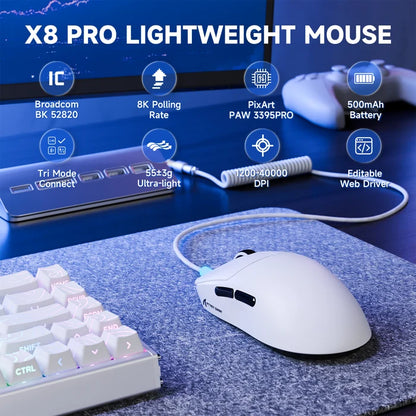 ATTACK SHARK X8PRO Ultra-Light Wireless Gaming Mouse & C06ULTRA Cable - White