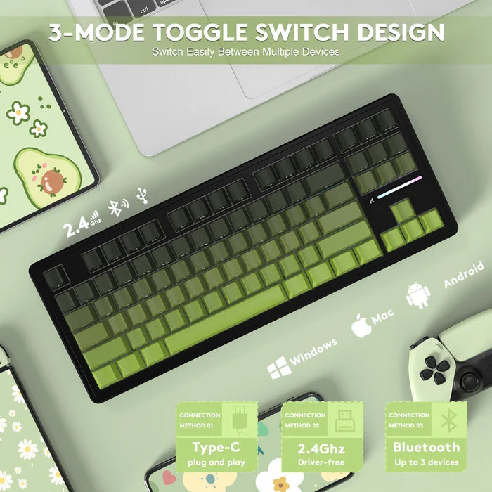ATTACK SHARK M87PRO Wireless Mechanical Keyboard with Side Printed PBT Keycaps - Green Tea White Jade