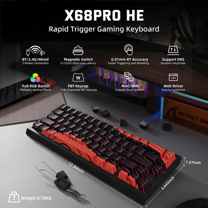 Attack Shark X68 Pro HE Mechanical Keyboard – 68 Keys, Magnetic Switches, Tri-Mode, Rapid Trigger 0.01mm, 8K Polling, Hot-Swap, RGB Backlight, 5000mAh |Black & Red Contour