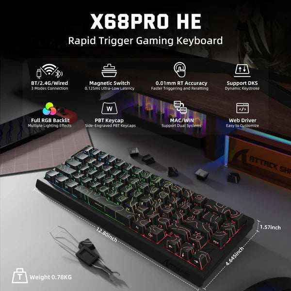 ATTACK SHARK X68 PRO HE MAGNETIC TRI MODE RGB MECHANICAL KB BLK CONTOUR