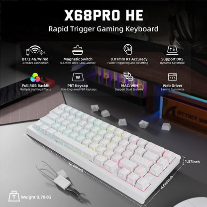 Attack Shark X68 Pro HE Mechanical Keyboard – 68 Keys, Magnetic Switches, Tri-Mode, Rapid Trigger 0.01mm, 8K Polling, Hot-Swap, RGB Backlight, 5000mAh| White