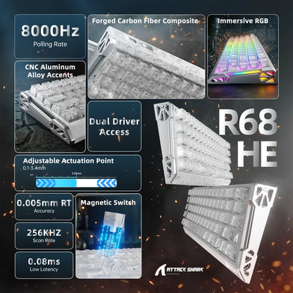 ATTACK SHARK R68 HE Carbon Fiber Rapid Trigger Keyboard Magnetic Switch - Ice Ninja