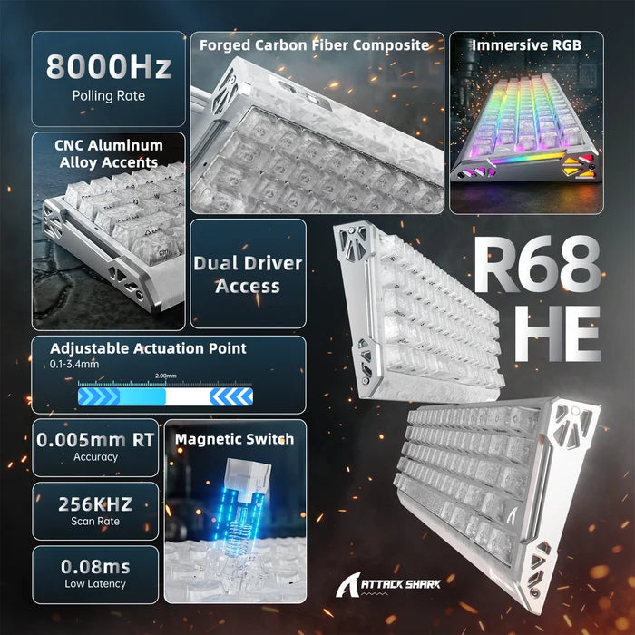ATTACK SHARK R68 HE Carbon Fiber Rapid Trigger Keyboard Magnetic Switch - Ice Ninja