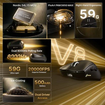 ATTACK SHARK V8 Ultra-Light Ergonomic Wireless Gaming Mouse - Black