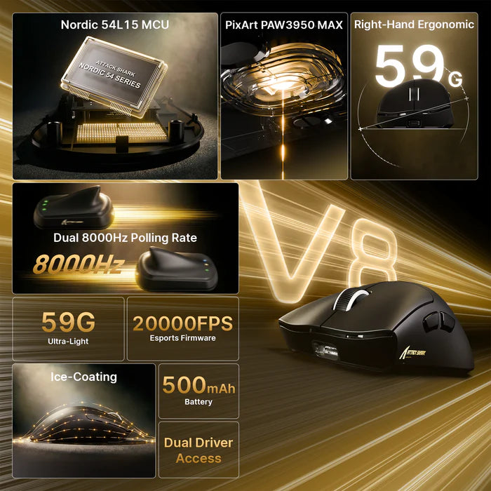 ATTACK SHARK V8 Ultra-Light Ergonomic Wireless Gaming Mouse - Black