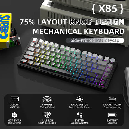 Mechanical keyboard with RGB lighting on a dark background, featuring text about its specifications.