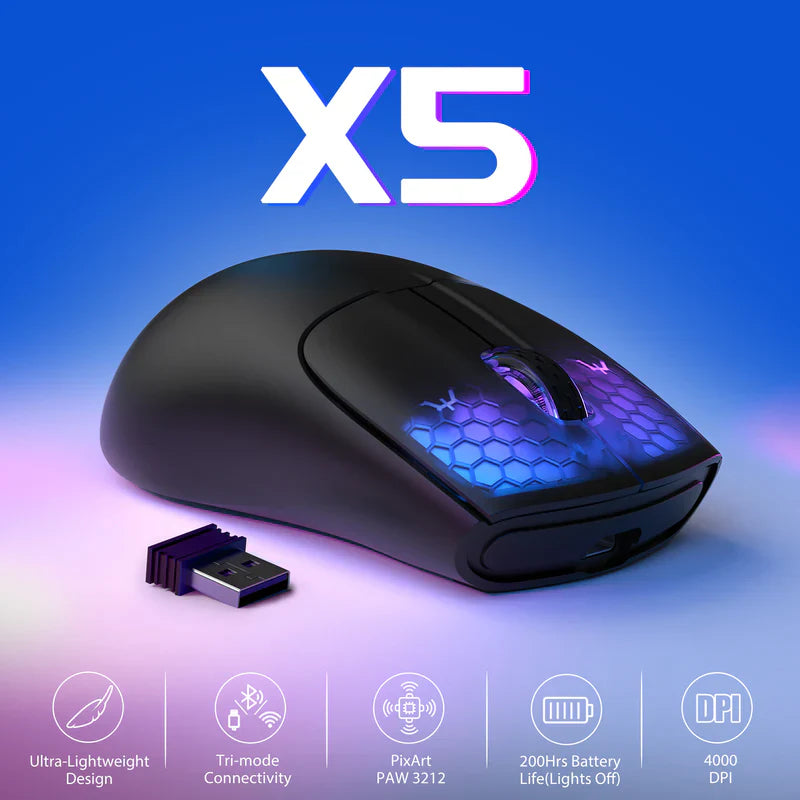 ATTACK SHARK X5 RGB Ultra-Light 49g Wireless Gaming Mouse, PixArt PAW3212 Sensor 4000 DPI, Tri-Mode Wired/2.4G/BT5.1, RGB Honeycomb Design | Black