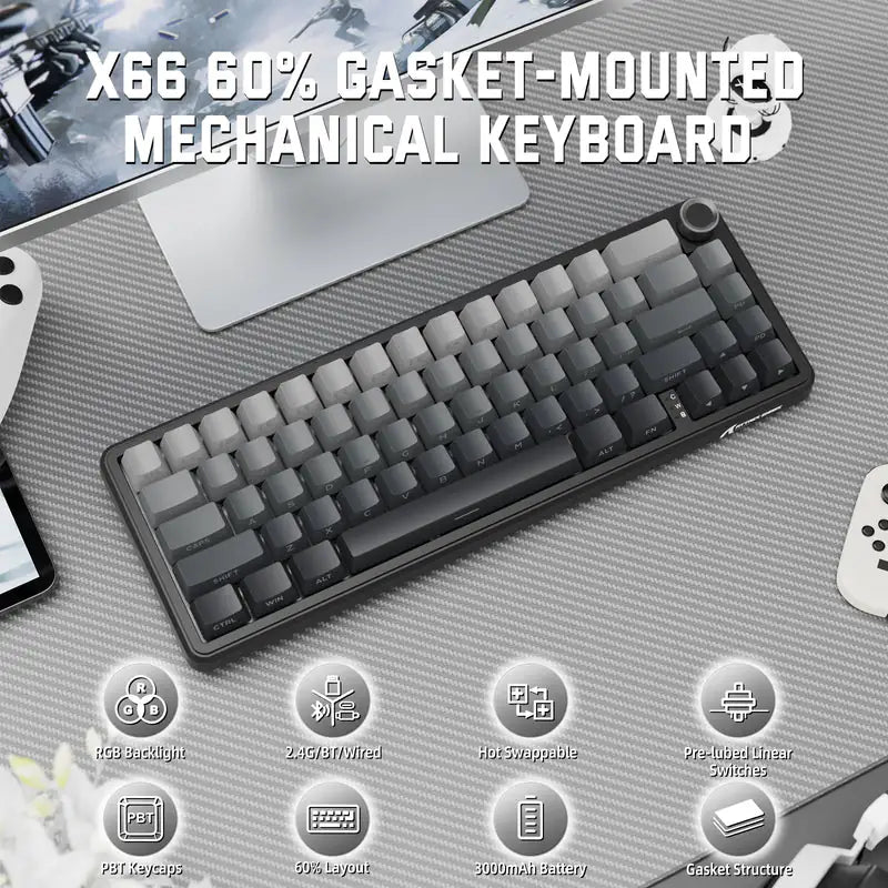 Attack Shark X66 Mechanical Keyboard – 66 Keys, Tri-Mode Wireless, Strawberry Switches, RGB, Gasket Mount, Hot-Swappable, PBT Keycaps |MOONLIGHT