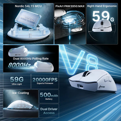 ATTACK SHARK V8 Ultra-Light Ergonomic Wireless Gaming Mouse - White