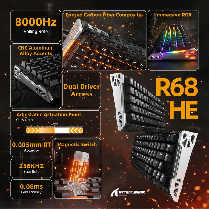 ATTACK SHARK R68 HE Carbon Fiber Rapid Trigger Keyboard Magnetic Switch - Black