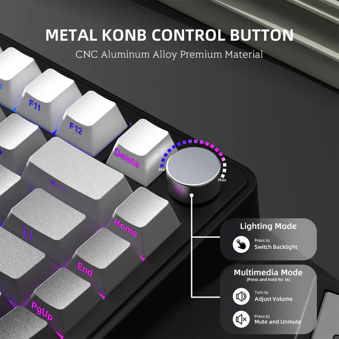 Mechanical keyboard with metal control button and labeled functions on a dark background