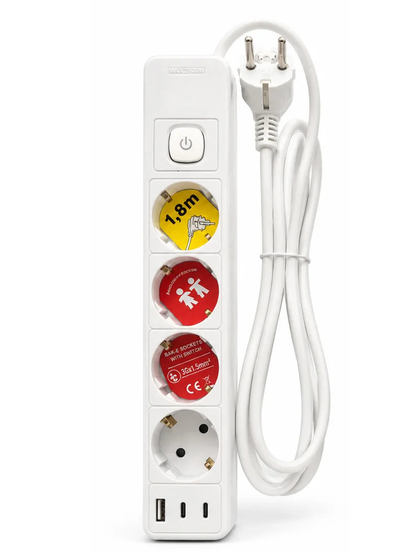 INVO 4 Socket Power Strip, 1.8m Cable, with USB Port & Child Protection Switch- White