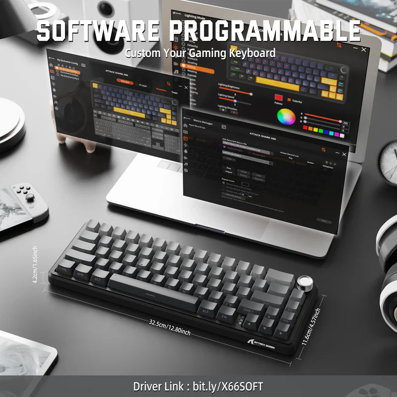 Attack Shark X66 Mechanical Keyboard – 66 Keys, Tri-Mode Wireless, Strawberry Switches, RGB, Gasket Mount, Hot-Swappable, PBT Keycaps |MOONLIGHT