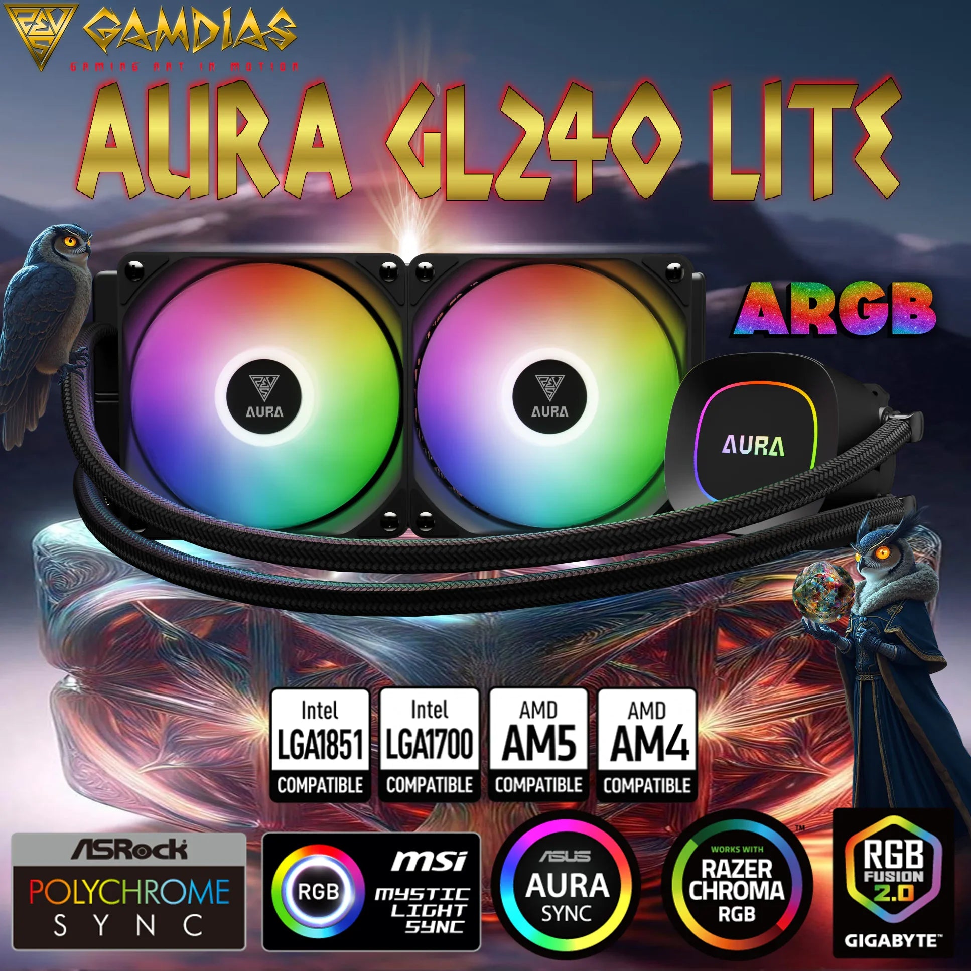 GAMDIAS AURA GL240 LITE ARGB AIO Liquid CPU Cooler With 240mm Radiator, Copper Base, PWM Hydraulic Fans, Motherboard Sync, LGA 1851 & AM5 Support, Easy Universal Mounting