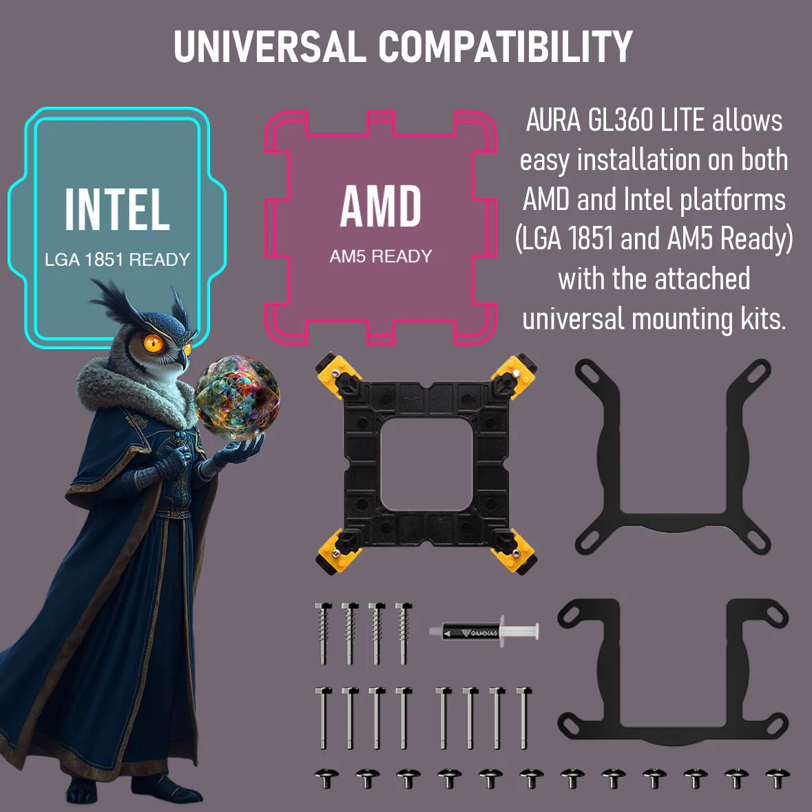 GAMDIAS AURA GL360 LITE ARGB AIO Liquid CPU Cooler With 360mm Radiator, Copper Base, PWM Hydraulic Fans, Motherboard Sync, LGA 1851 & AM5 Support, Easy Universal Mounting
