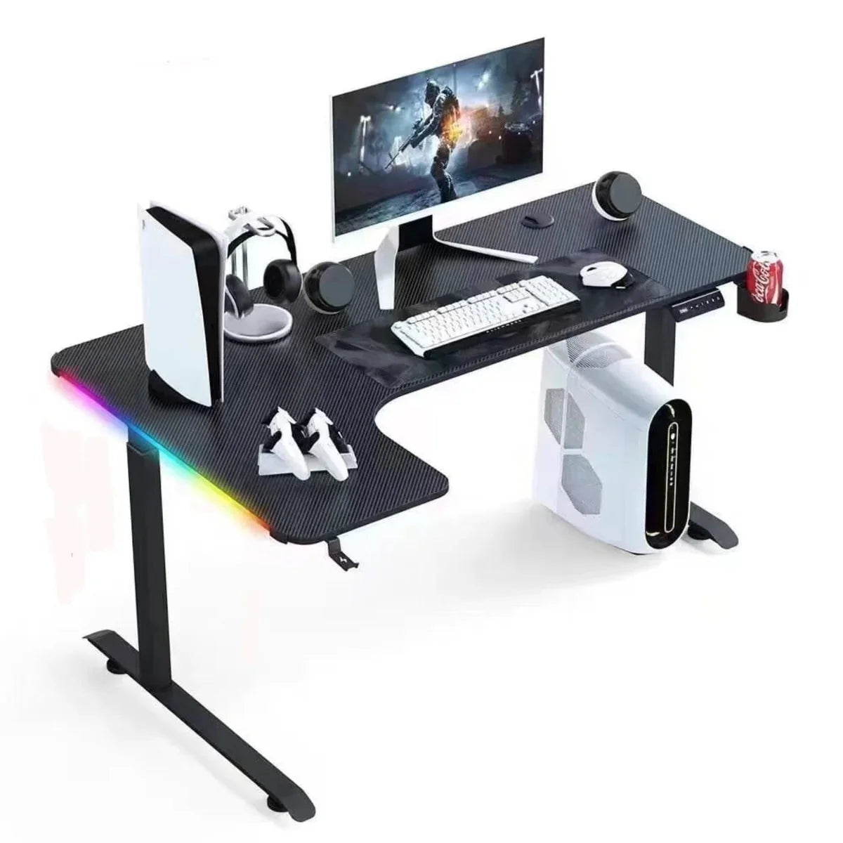 L Shaped 160cm RGB Gaming Desk with Cup & Headset Holder - Black