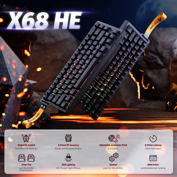 Attack Shark X68 HE Mechanical Keyboard – 66 Keys, Wired RGB, 8KHz Magnetic Switches, Rapid Trigger, Adjustable Actuation, RT/MT/DKS | BLACK