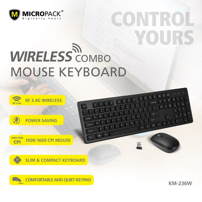 Micropack Ifree Pro Elegant Wireless Combo Keyboard & Mouse, Black, English | KM-236W