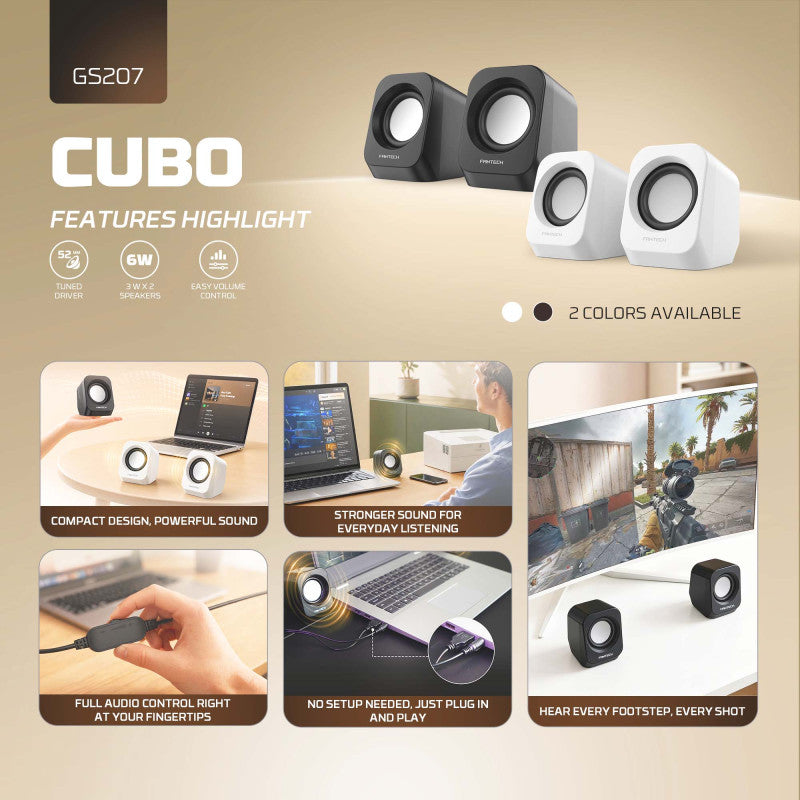 FANTECH CUBO GS207 Wired Stereo Speakers, 6W Output, Dual 52mm Drivers, USB + 3.5mm AUX - white