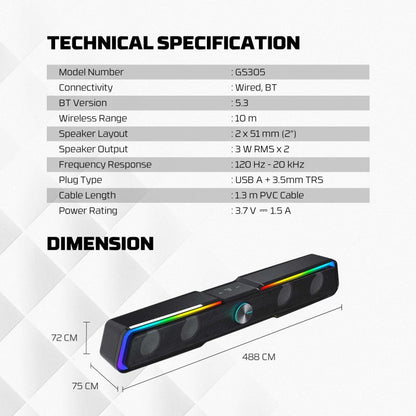 Fantech GS305 BEAT BAR Dual Mode (Wired & Bluetooth) RGB Gaming Speaker, 6W 2" tuned Drive, Deep Bass Boost